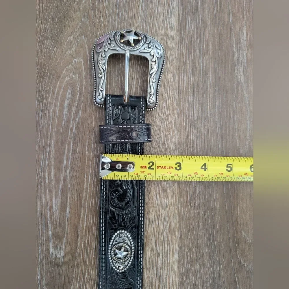Justin 5 Star Ranch Concho Black Tooled Leather Belt Sz 34
